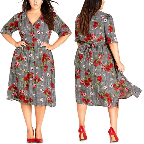 City Chic Houndstooth Plaid Floral Casual Mid Dress Plus Size 18 Red Black - Picture 1 of 8